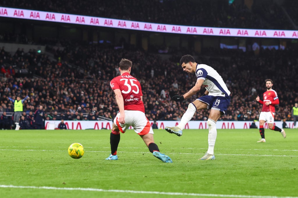 Dominic Solanke of Tottenham Hotspur scores their third goal during the Carabao Cup Quarter Final match between Tottenham Hotspur and Manchester Un...