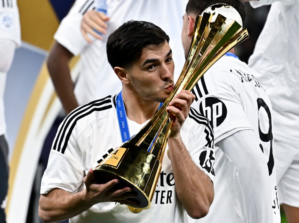 Brahim Diaz of Real Madrid celebrates with the trophy after winning the FIFA Intercontinental Cup Qatar 2024 Final match between Spain's Real Madri...