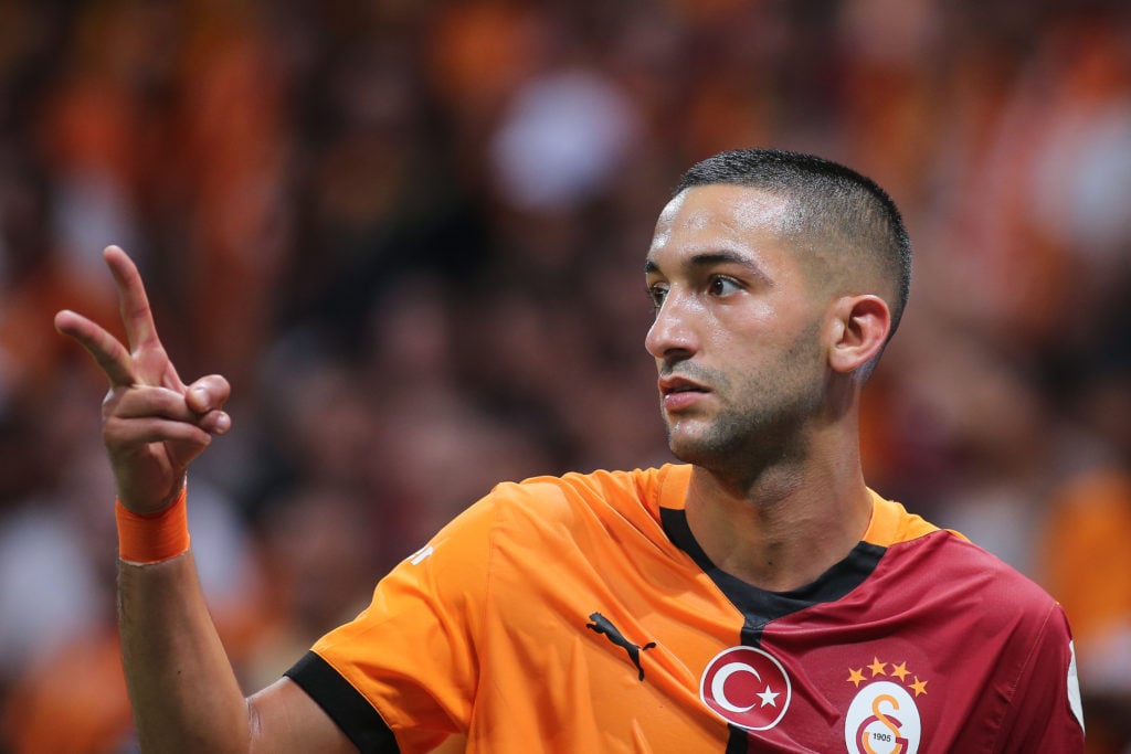 Hakim Ziyech of Galatasaray gestures during the Turkish Super League match between Galatasaray and Hatayspor at Rams Park on August 9, 2024 in Ista...