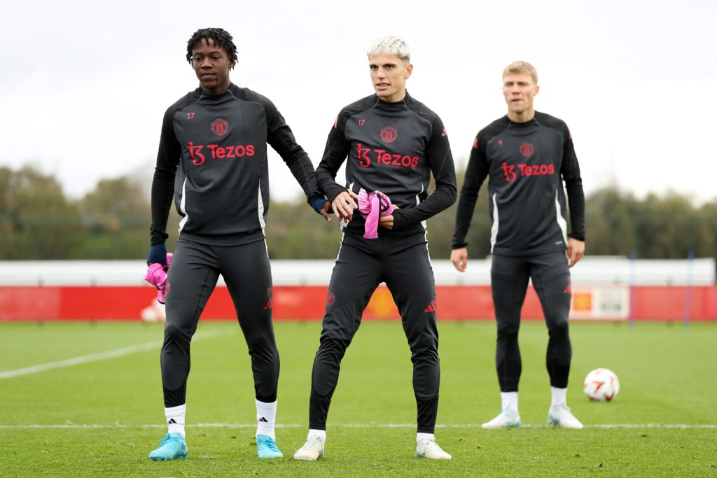 Kobbie Mainoo and Alejandro Garnacho of Manchester United train during the UEFA Europa League 2024/25 League Phase MD2 training and press conferenc...