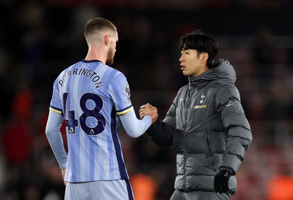 Son Heung-Min of Tottenham Hotspur with Alfie Dorrington of Tottenham Hotspur after  the Premier League match between Southampton FC and Tottenham ...