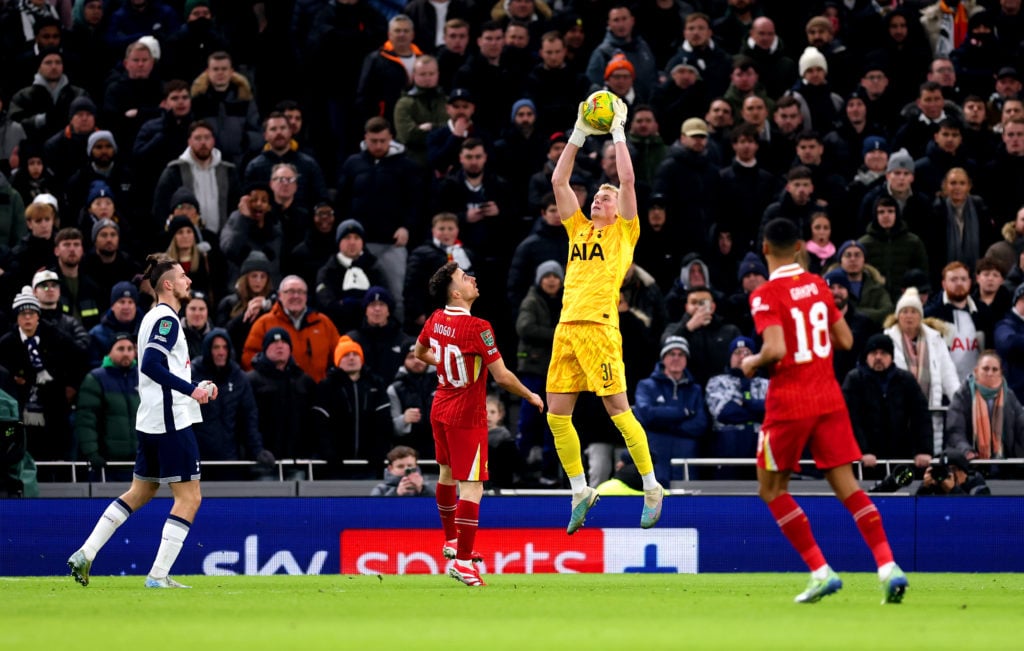 Antonin Kinsky of Tottenham Hotspur catches the ball during the Carabao Cup Semi Final First Leg match between Tottenham Hotspur and Liverpool at T...